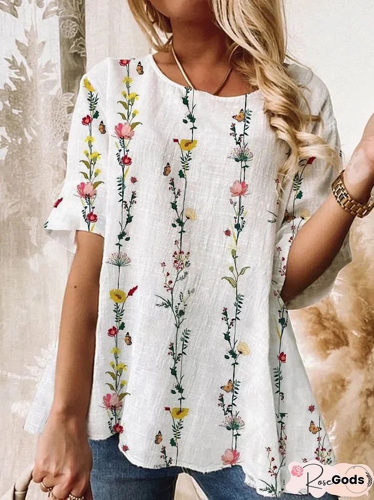 Casual Crew Neck Floral Tops