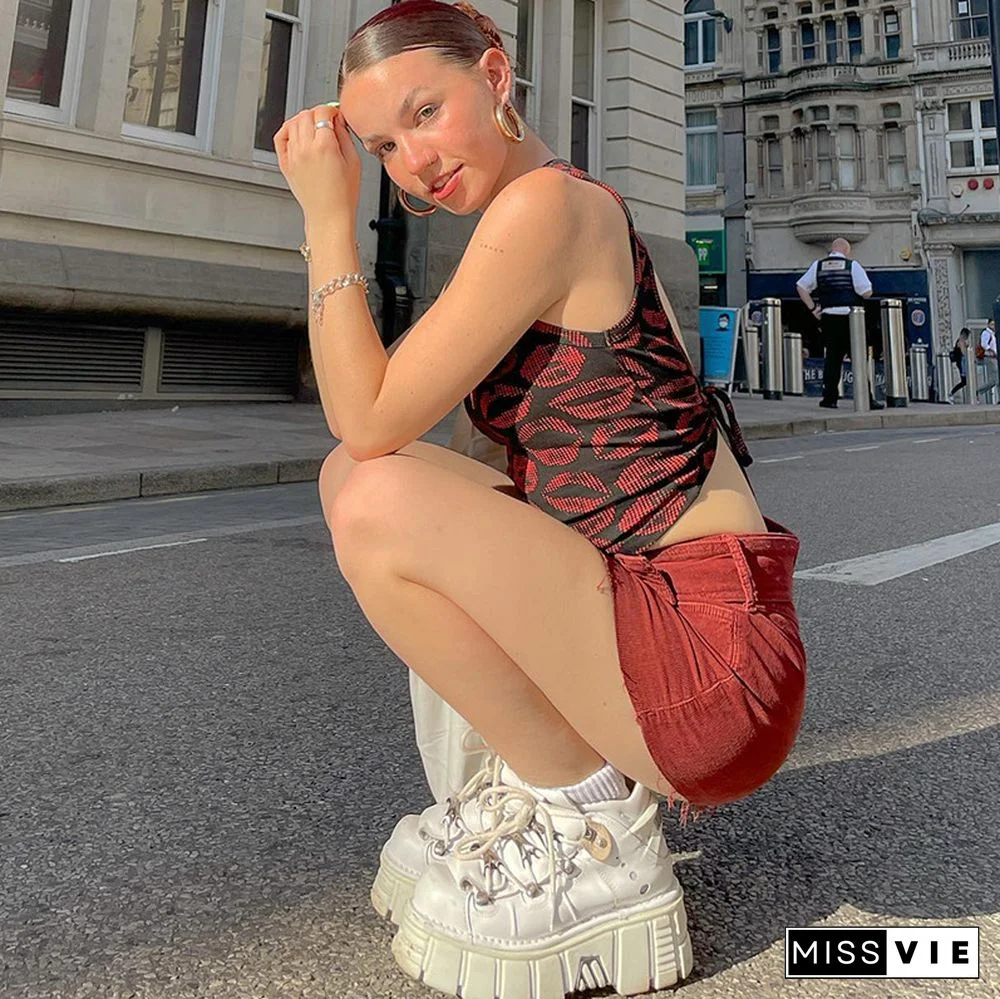 Y2k Aesthetic Lip Print Crop Tops Women Grunge Fairy Core Backless Tshirt Vintage Sweat Shirts Graphic Tee Streetwear