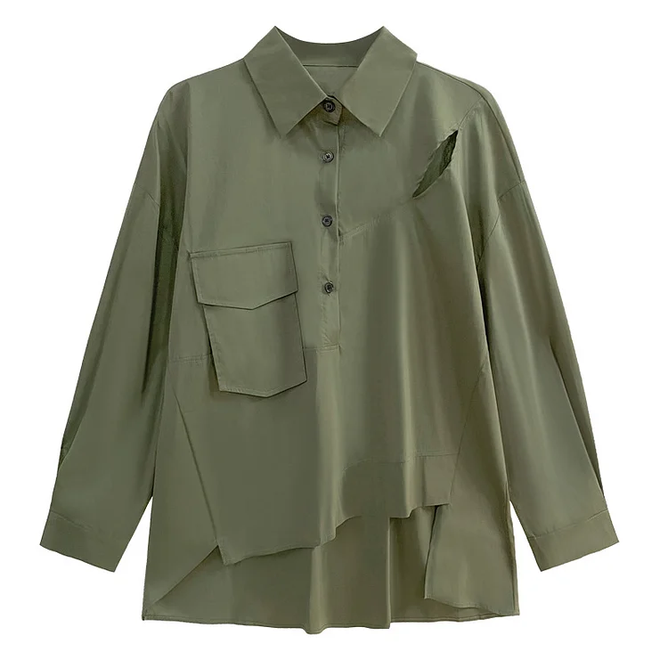 Irregular Hole Long Sleeve Lapel Shirt - yankia