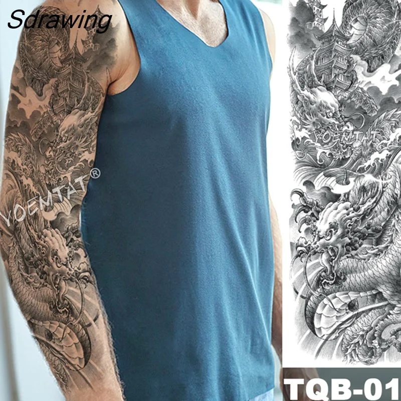 Sdrawing Arm Sleeve Tattoo Japanese Wave Waterproof Temporary Tattoo Sticker Lily Peacock Men Full Tiger Fox Tatoo Body Art Women