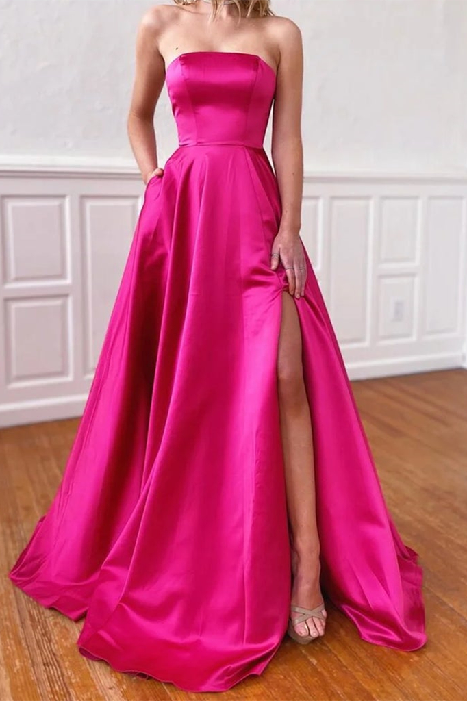 Oknass Fuchsia Strapless Prom Dress With Pockets Side Split