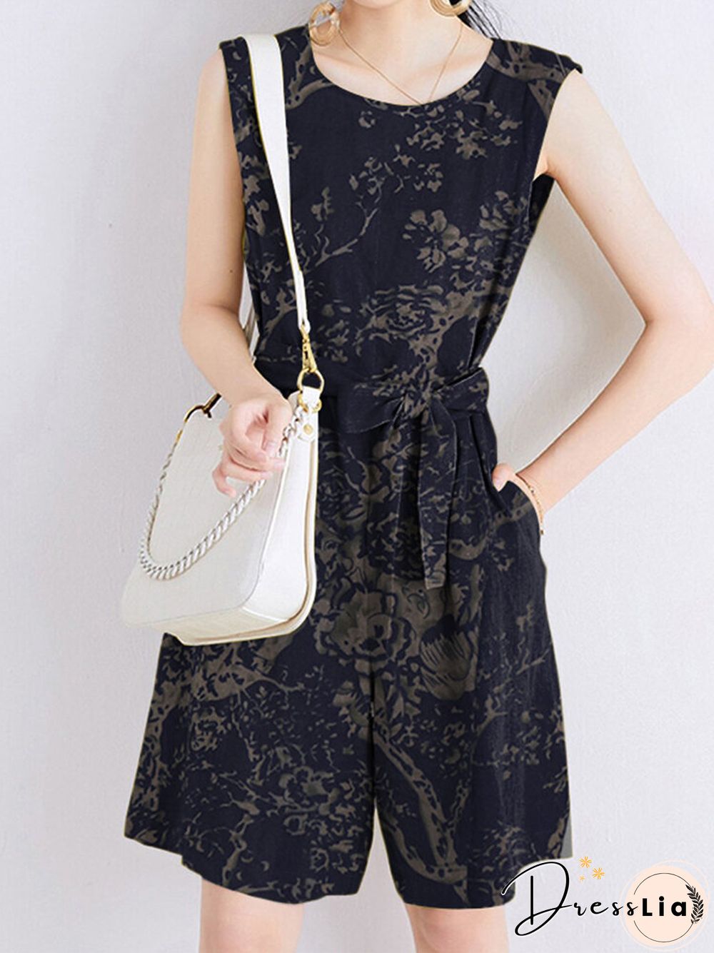 Plants Print Pocket Sleeveless Crew Neck Belt Romper