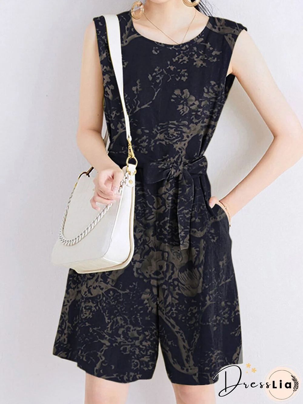 Plants Print Pocket Sleeveless Crew Neck Belt Romper