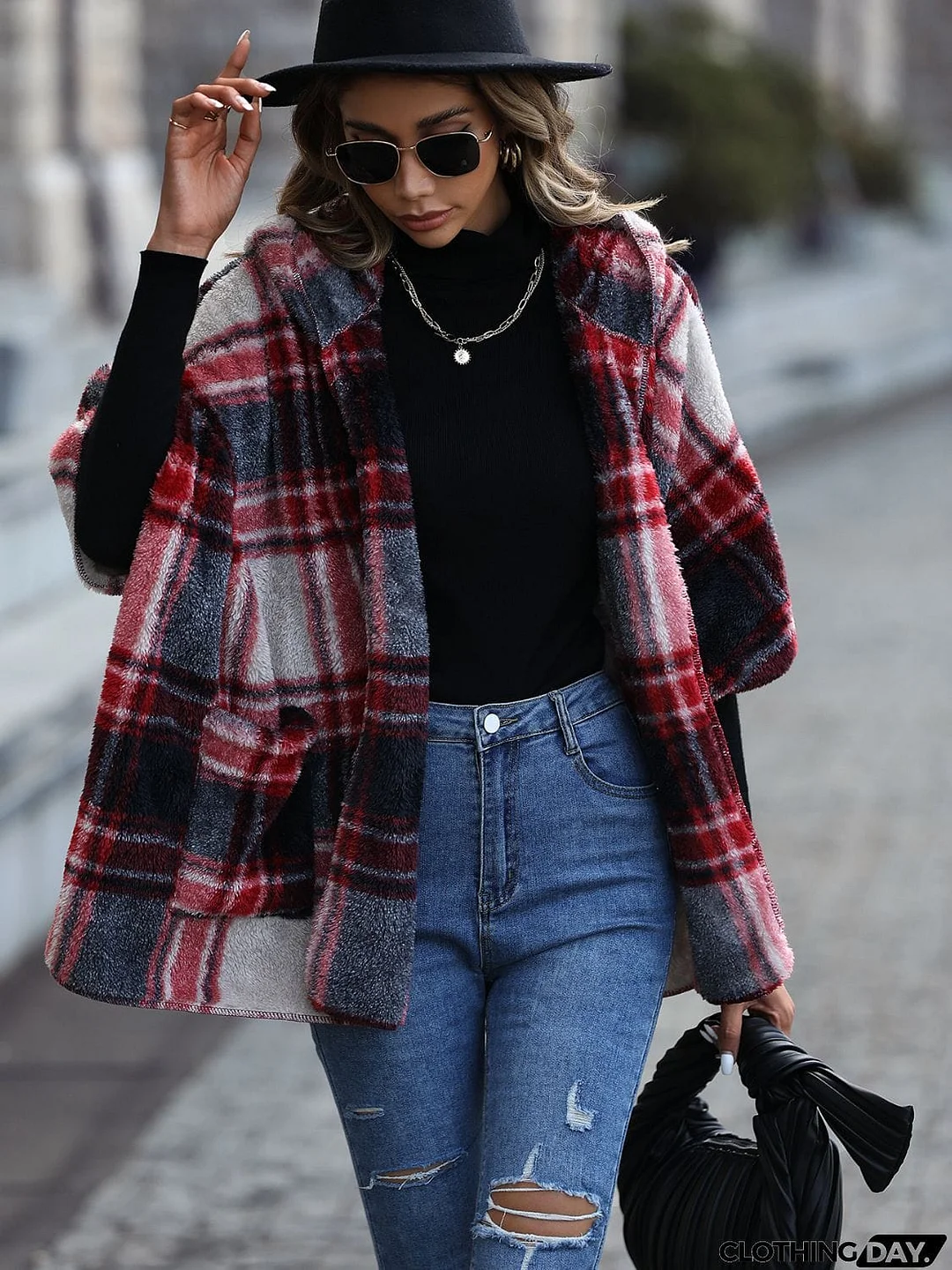 Plaid Hooded Coat with Pockets