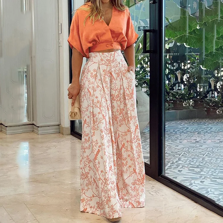 V Neck Shirt Print Wide Leg Pants Two Piece Set