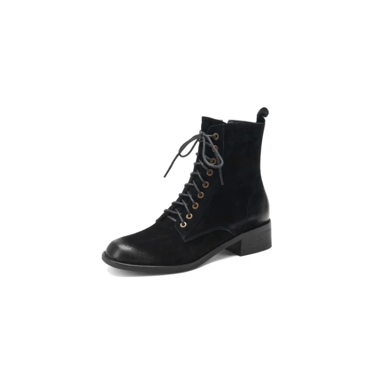 Qjong New Fall Shoes Zipper Genuine Leather Boots Women Retro Lace Ankle Boots for Women Plus Size 42 Fashion Winter Boots Women