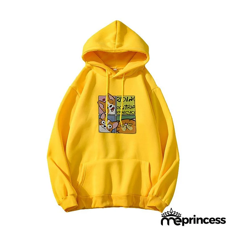 Loose Plus Size Cartoon Dog Print Hooded Sweatshirt