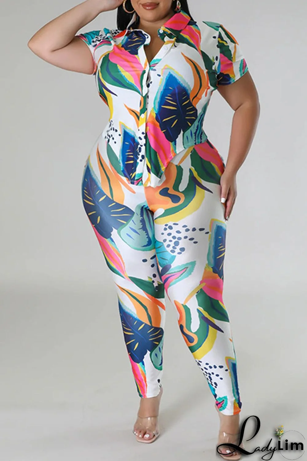 Red Casual Street Print Patchwork Buckle Asymmetrical Turndown Collar Plus Size Two Pieces