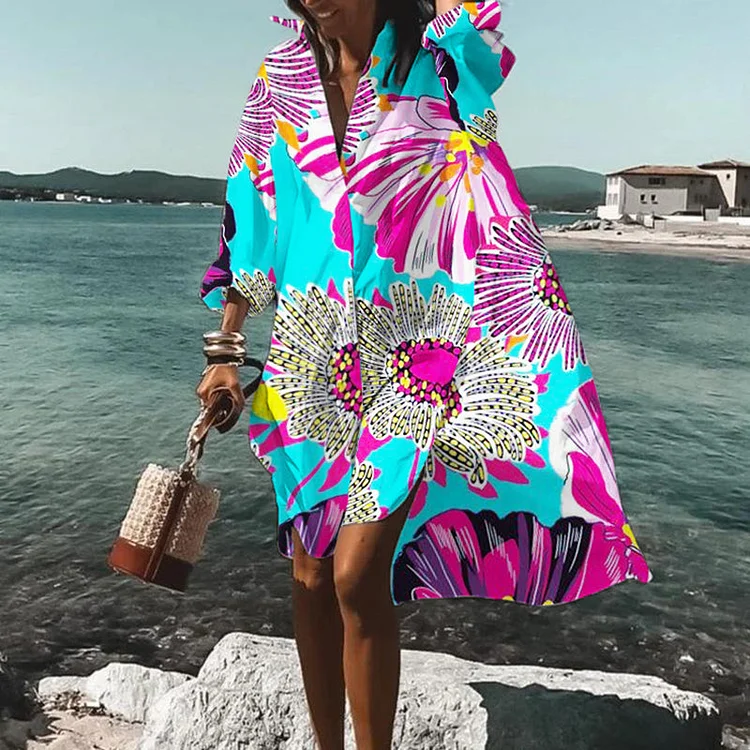 VChics Color Block Floral Printed Beach Shirt Midi Dress