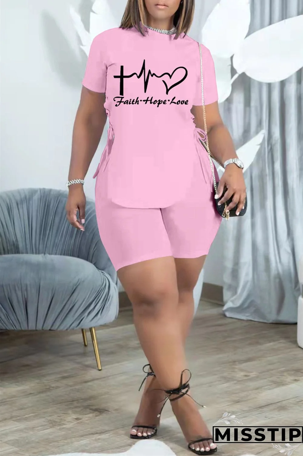 Black Fashion Casual Print Bandage Slit O Neck Short Sleeve Two Pieces