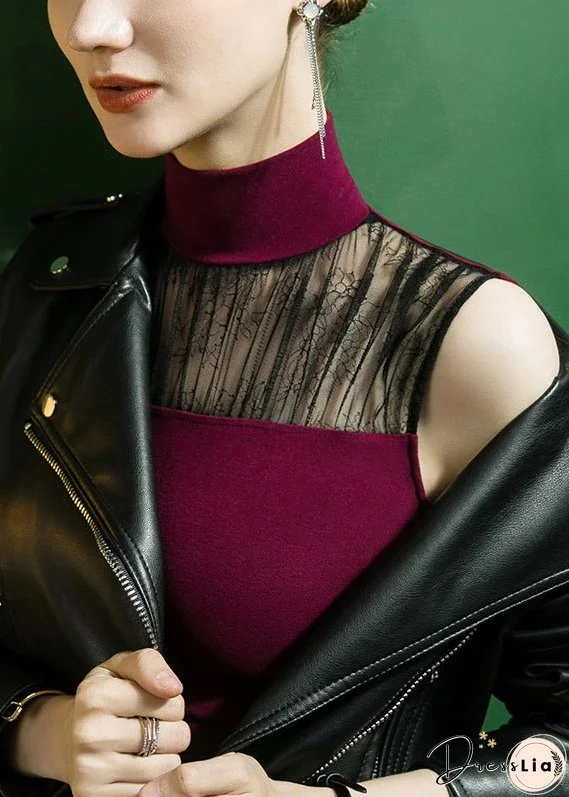 Women Mulberry Turtleneck Print Lace Patchwork Cashmere Top Fall