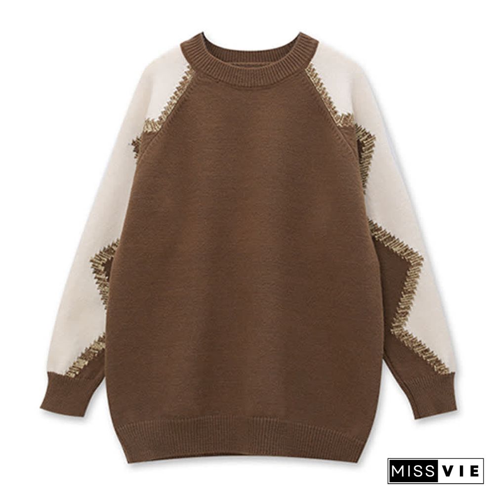 Chic Colorblock Round Collar Knit Loose Sweater