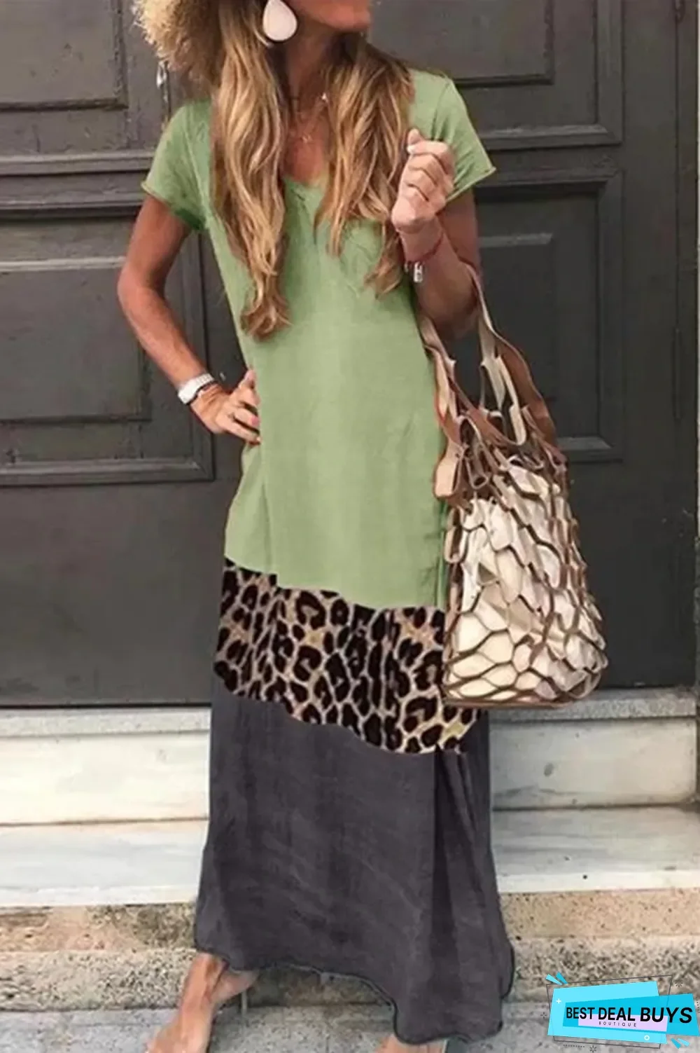 Casual Color Block Leopard Maxi Dress