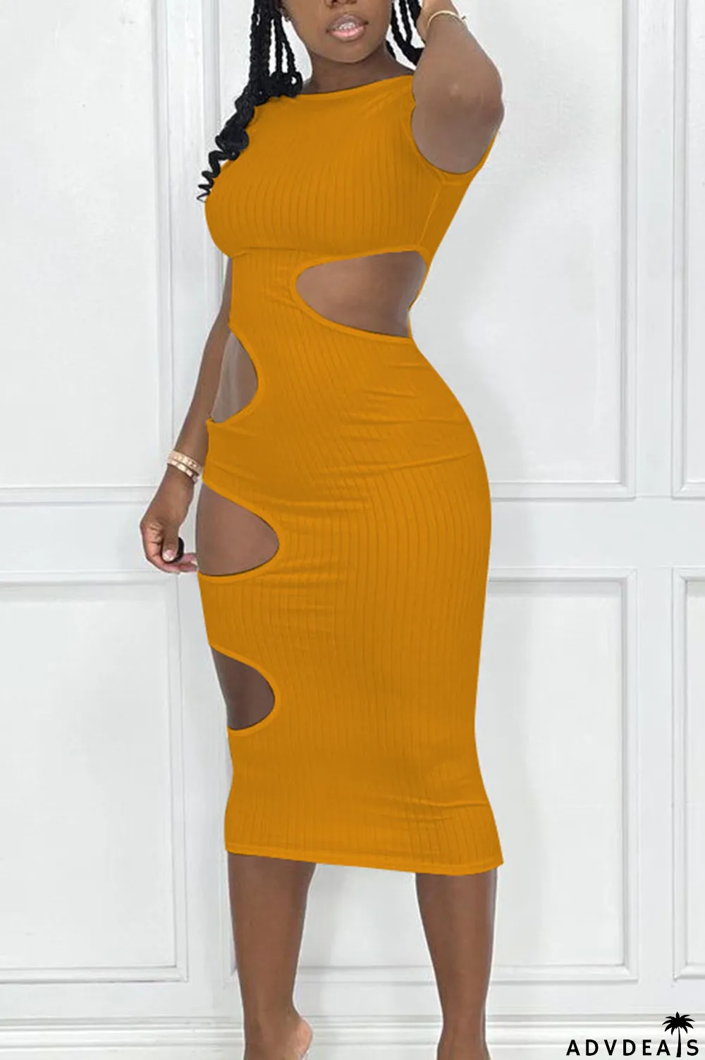 Yellow Sexy Solid Hollowed Out Split Joint O Neck Pencil Skirt Dresses