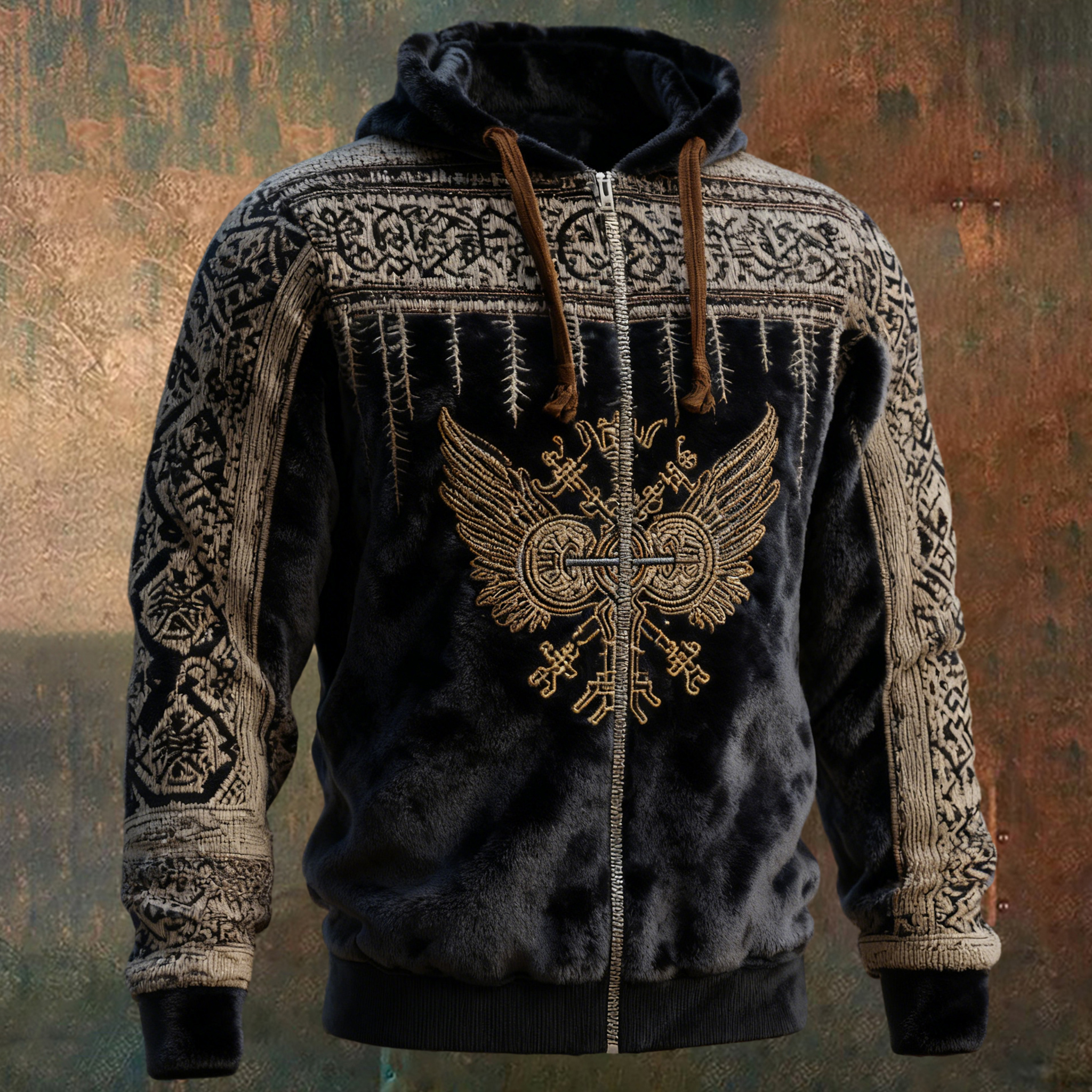 Men's Vintage Viking Rune And Wing Pattern Plush Jacket elevenforest