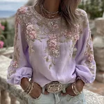 Women's Vintage Pink Rose Embroidery Art Round Neck Long Sleeve Linen Blend T-shirt - Image 4