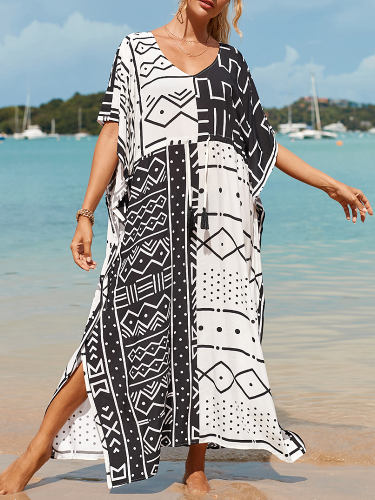 Printed Drawstring Loose-fit Large Size Kaftan Long Holiday Maxigown