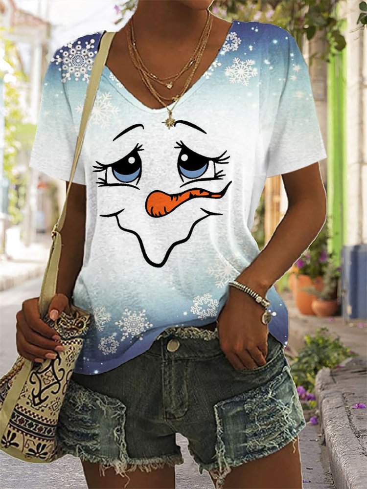 BrosWear Christmas Carrot Snowman Emoticon V Neck T Shirt