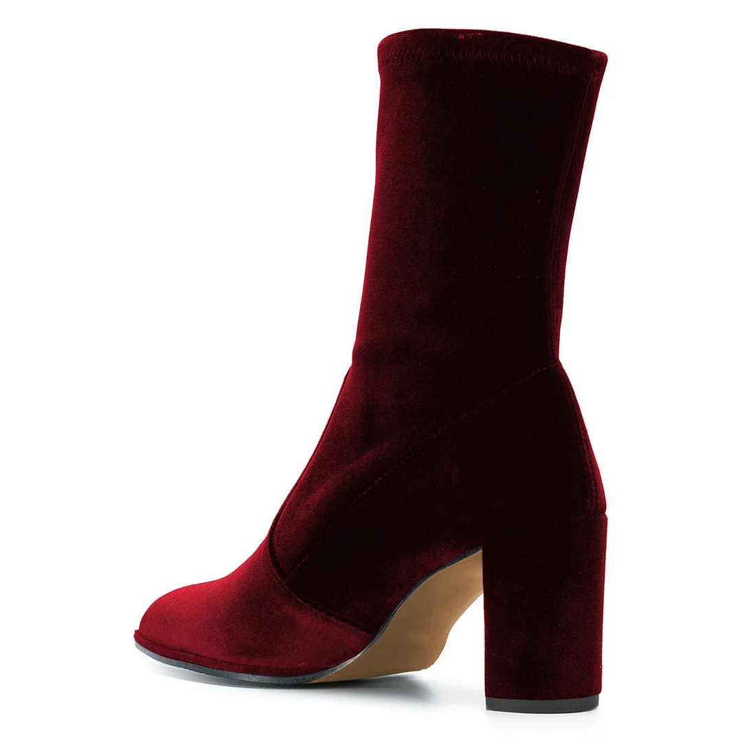Chic Maroon Velvet Pointed Toe Chunky Heel Ankle Boots