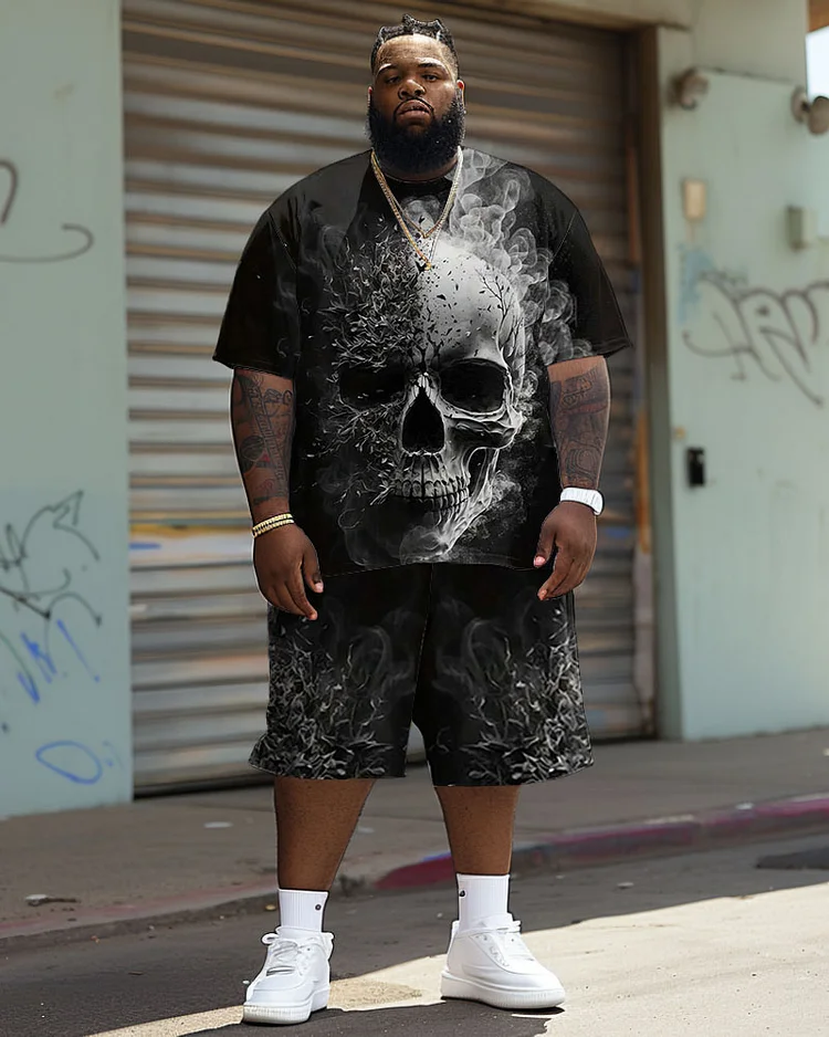 Men's Plus Size Casual Smoke Skull Print T-Shirt Shorts Suit