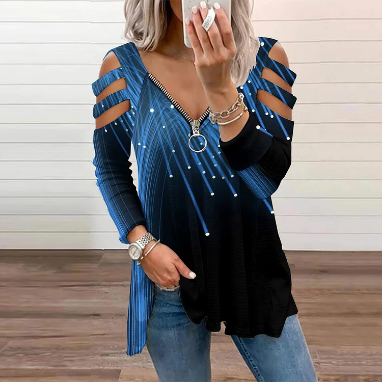 Western Abstract Print Off-The-Shoulder Long Sleeved Casual T-Shirt