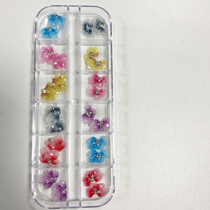 3D Nails Flower Acrylic Nail Art Trendy Charms Rhinestones Accessories Manicure Press On Tips Decoration 24pcs/pack