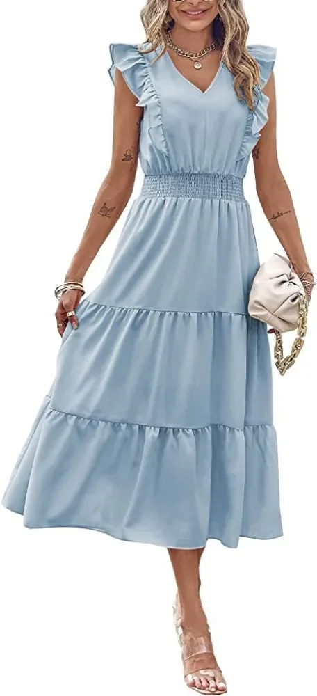 Solid Color Wooden Ear Trim Sleeveless V-Neck Fashion Casual Pleated Midi Dress