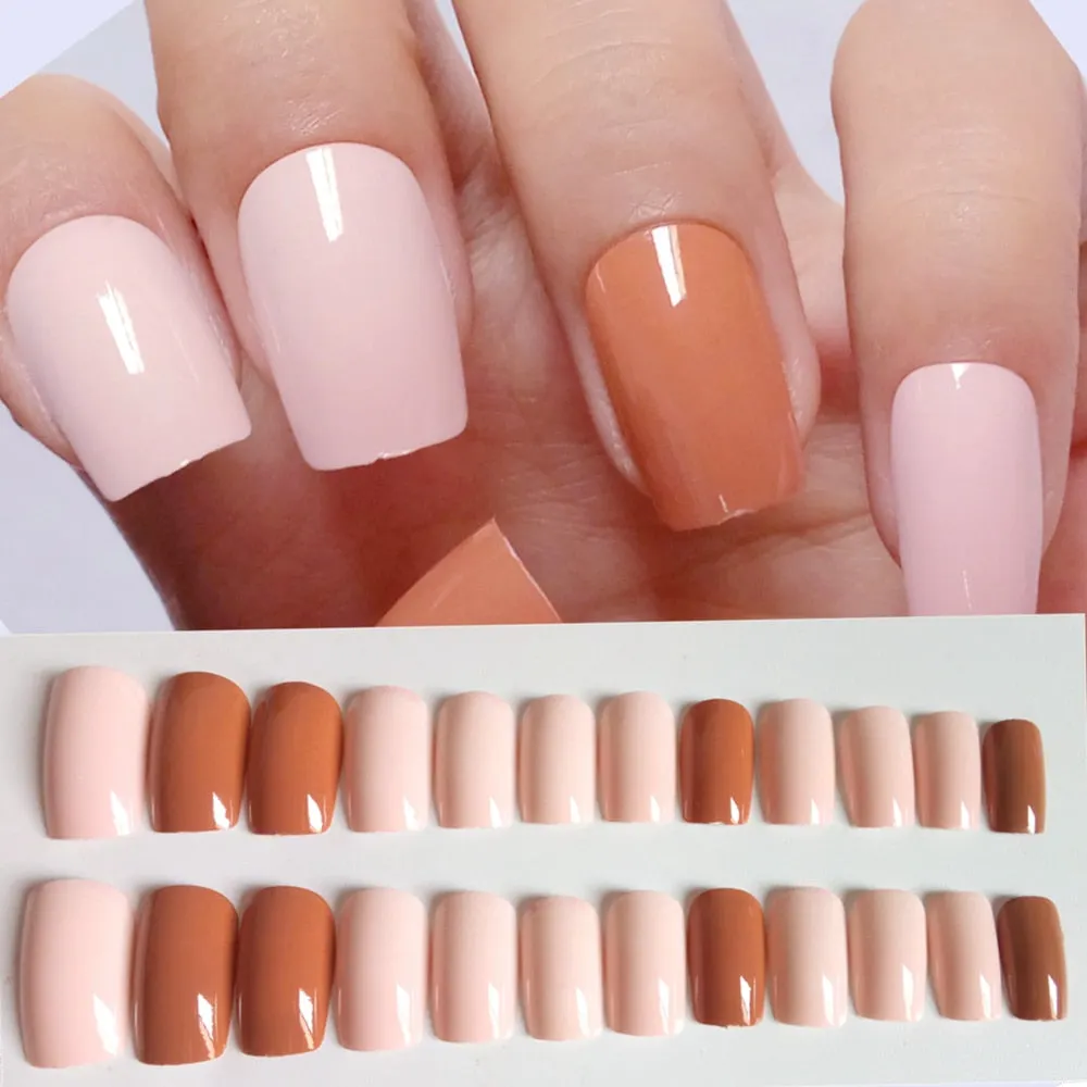 24Pcs Mex Color Long Artificial Fake Nails Shiny Brown DIY Lady Finger False Nails For Design Salon Tip Manicure Tool-Nail Inspo