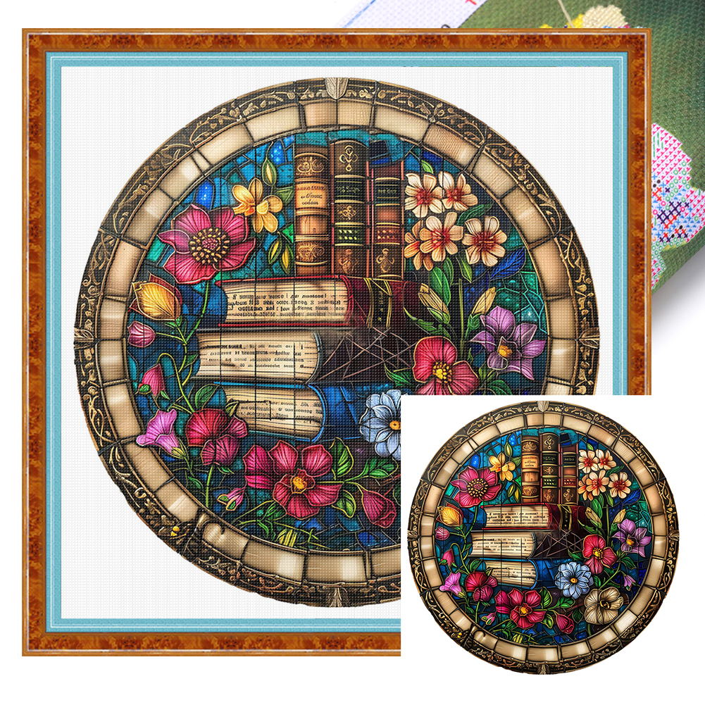 Glass Painting Of Books And Flowers Full 14CT Pre-stamped Canvas(50*50cm) Cross Stitch