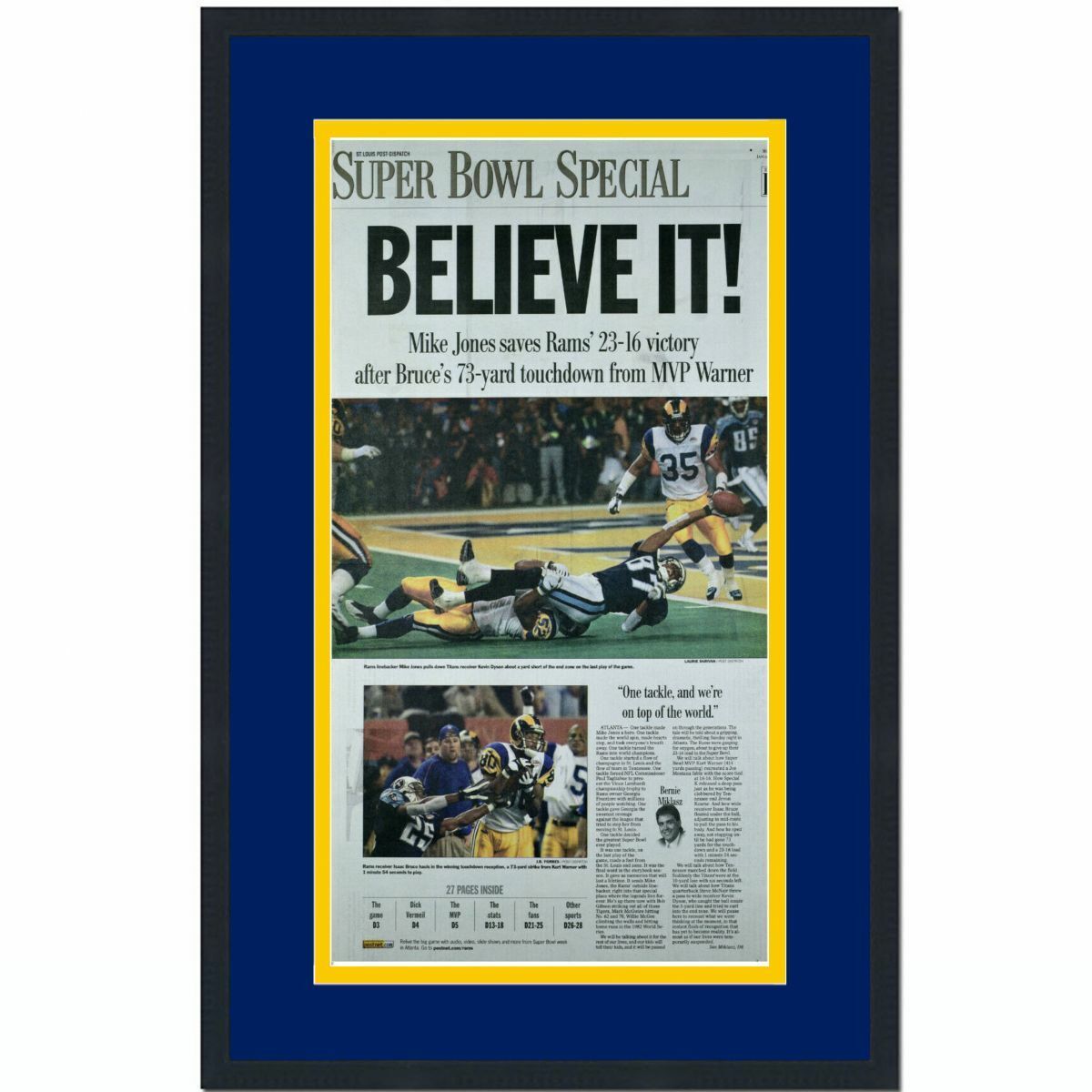 Framed St. Louis Post Dispatch Rams Super Bowl XXXIV Newspaper Cover 17x27 Photo Poster painting