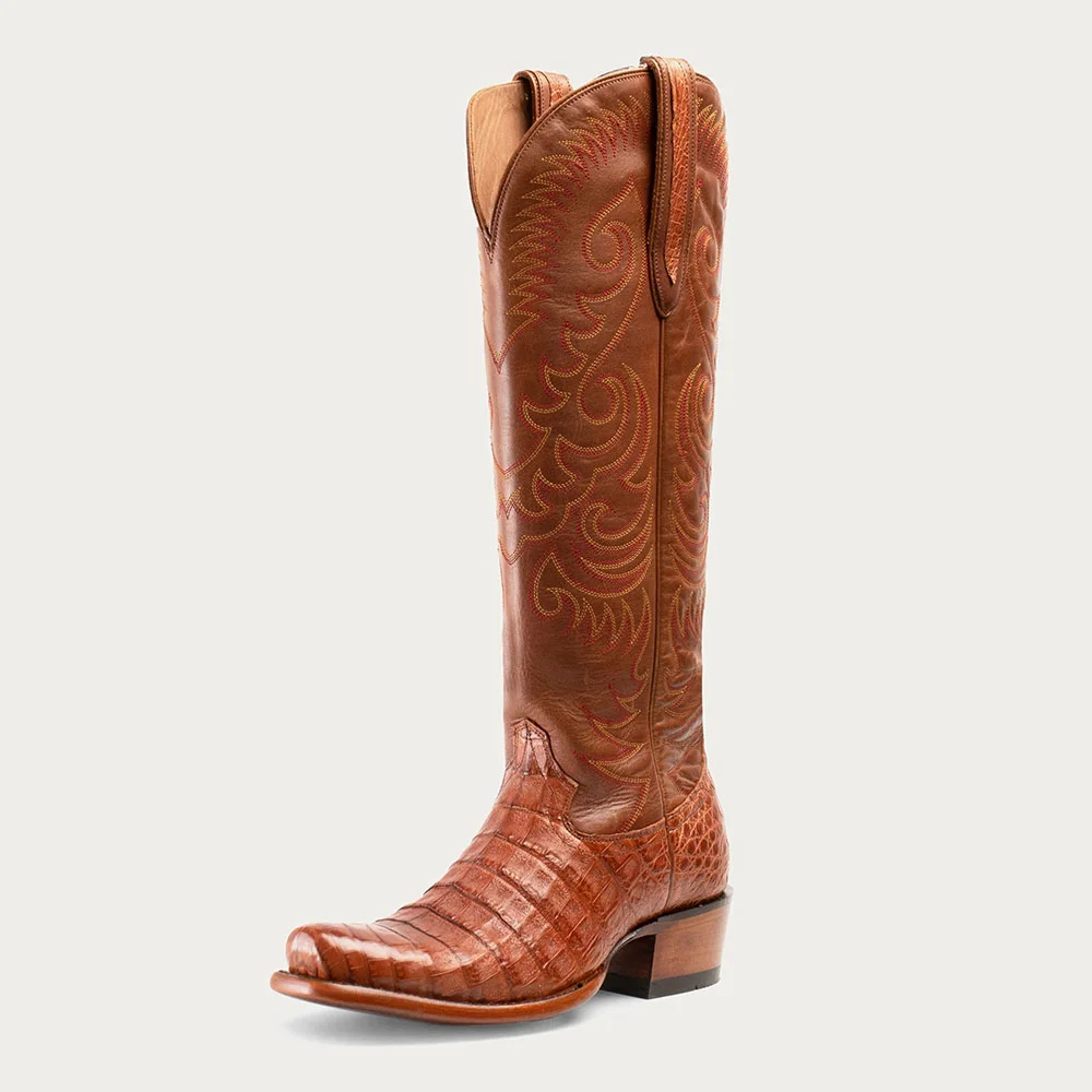 Brown Croco Embossed Square Toe Embroidered Cowgirl Boots for Women