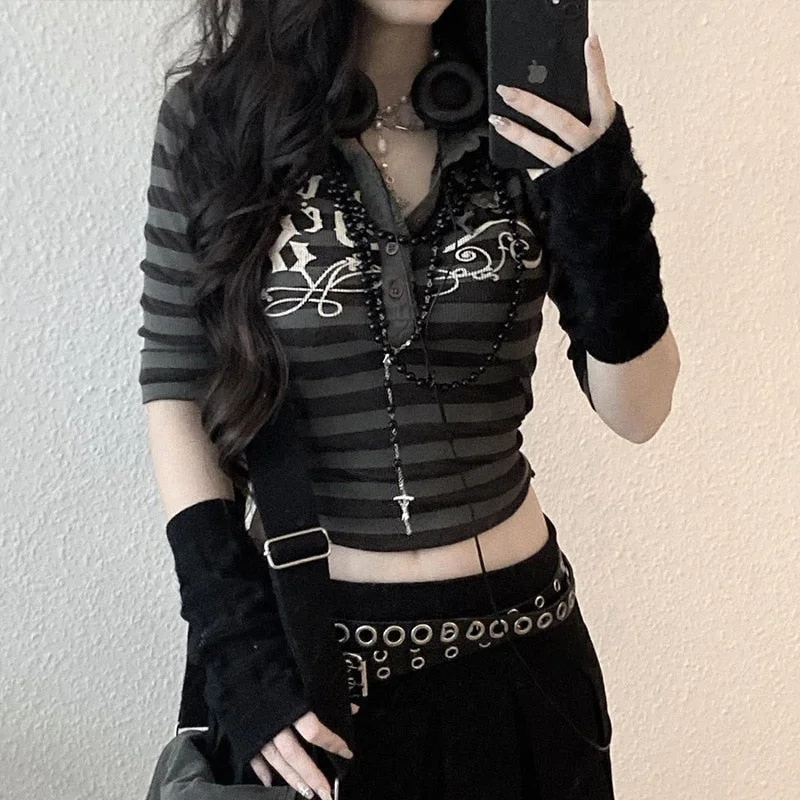 Vstacam Fairy Grunge Goth Print Tops Stripe Cute Y2K Hoodies Women Dark Academia Techwear Button Up Half Sleeve Sweat Sweatshirt Women