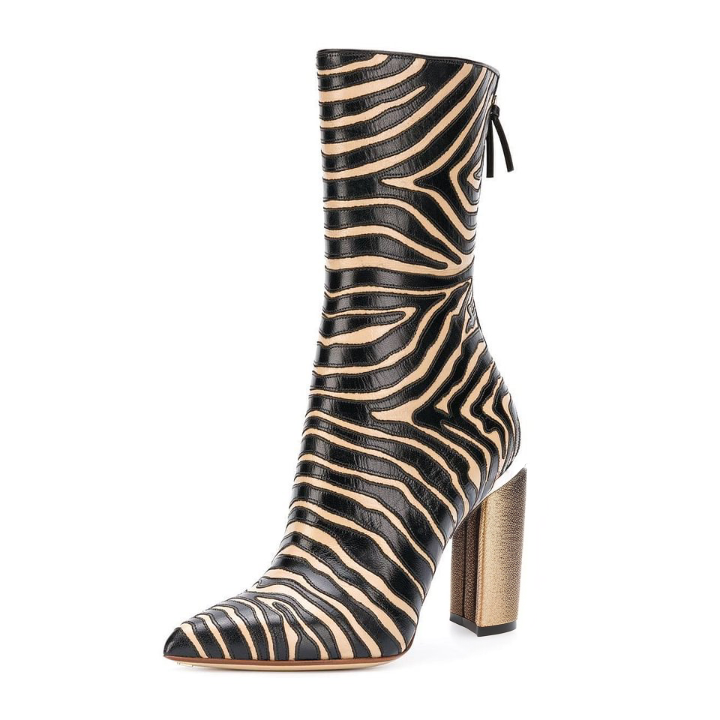 Black and khaki zebra pointed-toe ankle boots with block heels Vdcoo