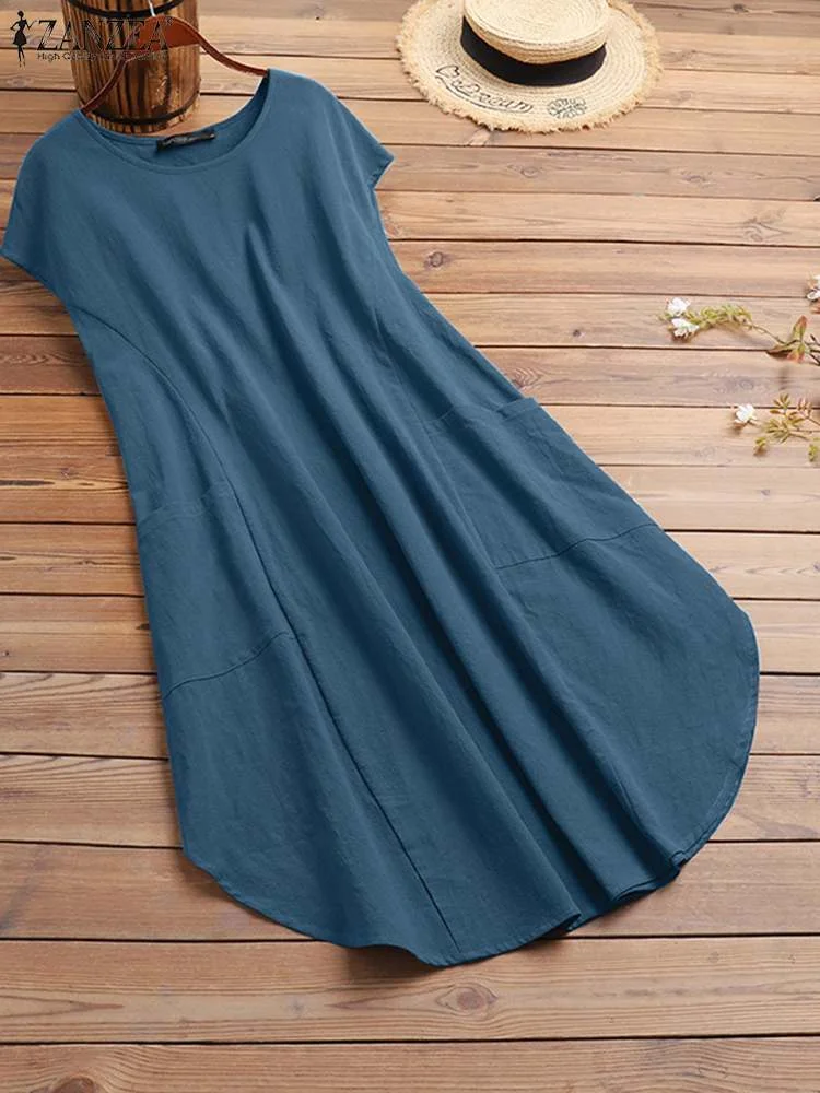 Summer Vintage Short Sleeve Solid Knee-length Dress ZANZEA Oversized Women Sundress Casual Loose Cotton Vestidos Beach Dresses