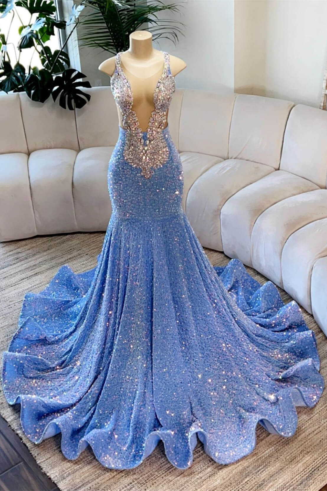 Glamorous Blue Scoop Sleeveless Mermaid Formal Dresses With Beadings Sequins Crystals - lulusllly