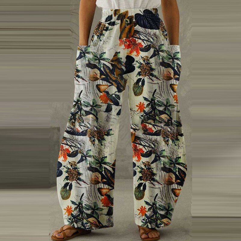 Casual Summer Women Cotton Linen High Waist Wide-leg Long Pants Loose Elegant Office Lady Simple Trousers Fashion Pocket Pants