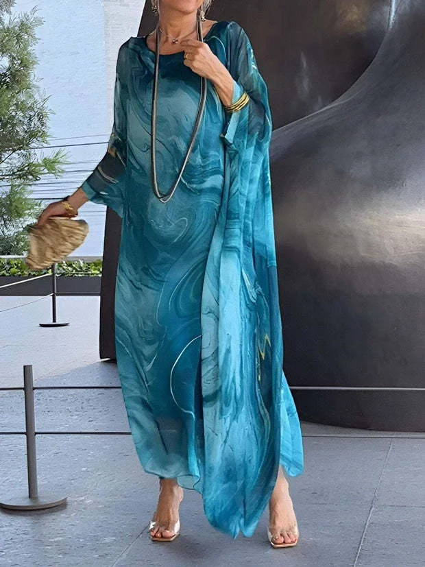 Elegant Chiffon Marbleized Print Dress 