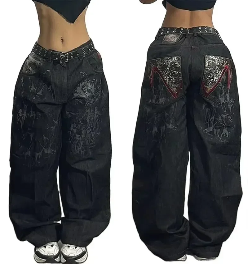 Aonga American Retro Cleanfit Fashion Print Baggy Jeans Women's Y2K Popular Casual Joker Gothic High Waist Wide-Leg pants Street Wear aonga
