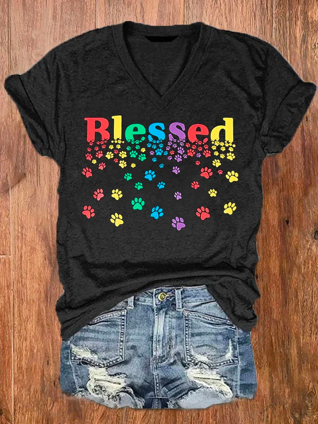 Women's Colorful Blessed Paws Dog Lover Casual Cotton-Blend Loose Dog Casual T-Shirt socialshop