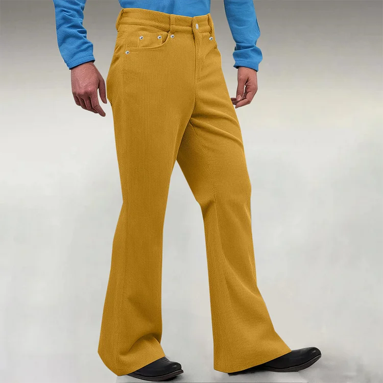 Retro Corduroy Solid Mid Rise Bell Bottom Pants 