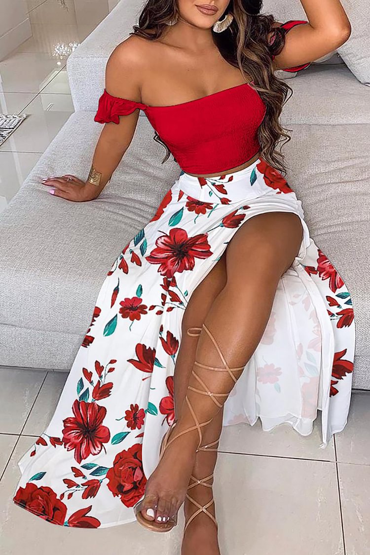 Plus Size Red Daily Floral Print Off The Shoulder Side Slit Skirt Sets [Pre-Order]
