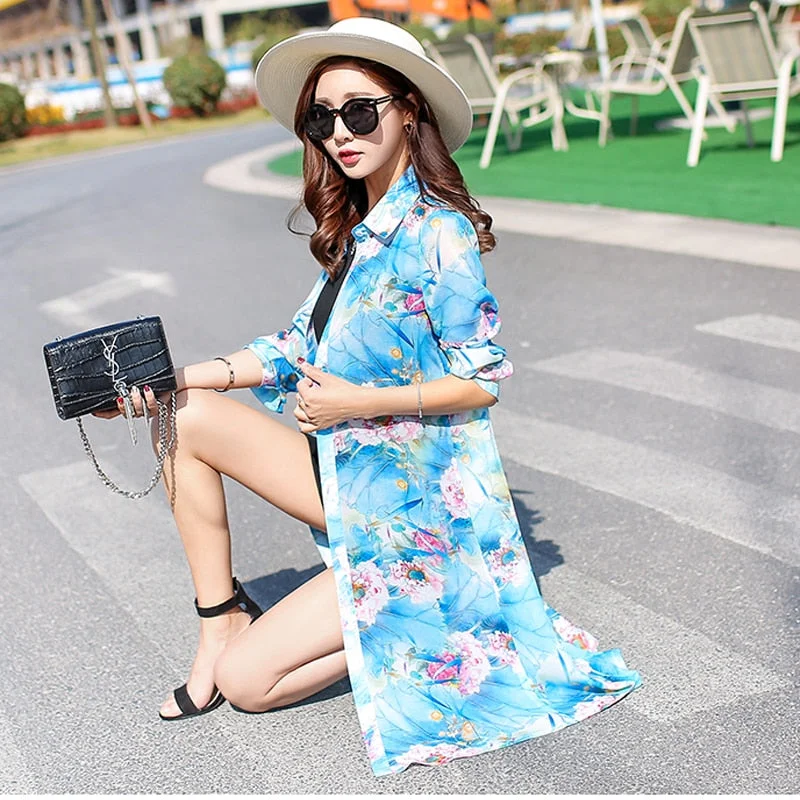 Summer Long Sleeve Floral Loose Cardigan Chiffon Blouse Women Long Shirt Beach Sun Protection Clothes Print Tops Women 9127