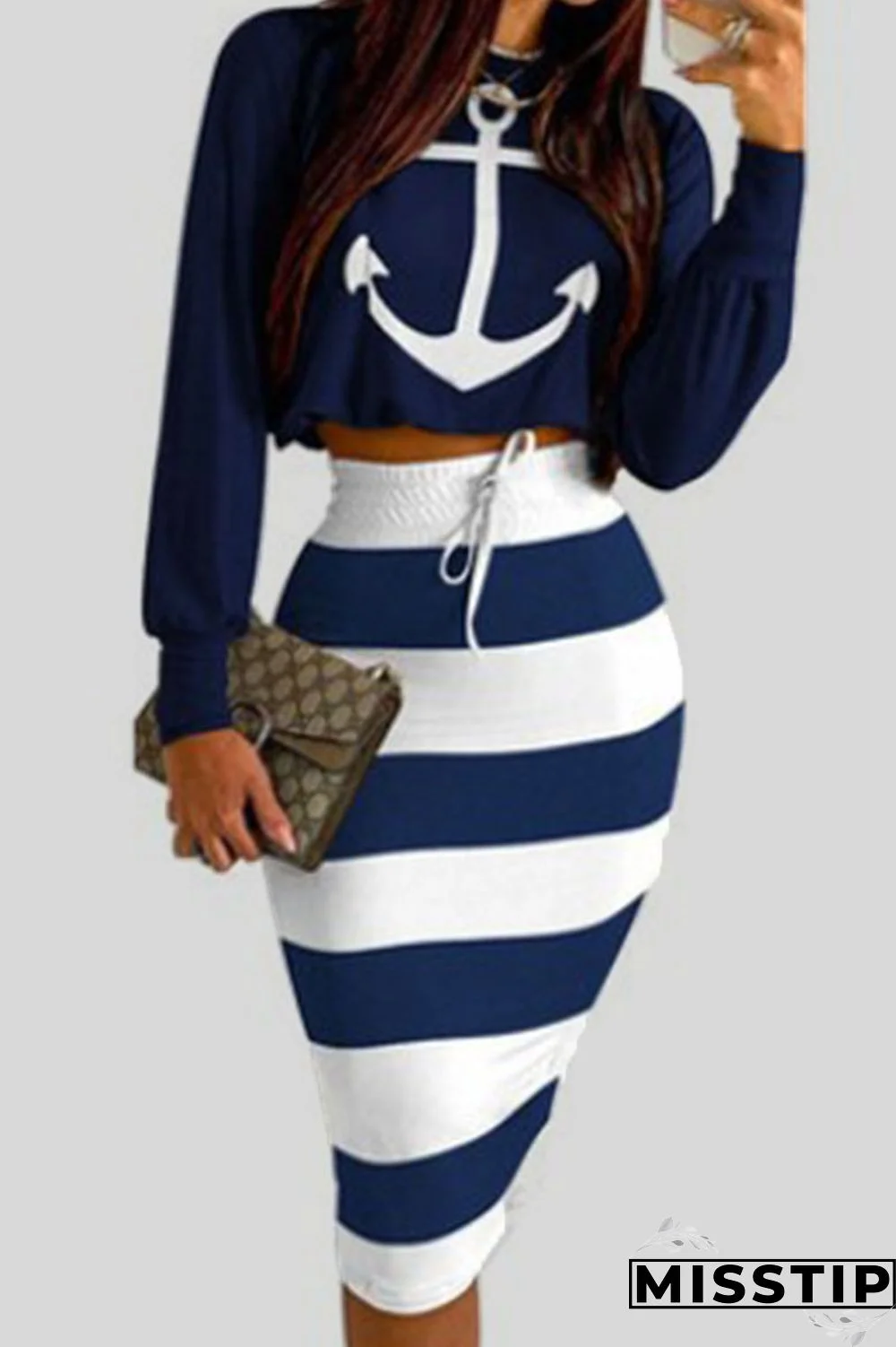Blue Casual Print Patchwork O Neck Long Sleeve Two Pieces