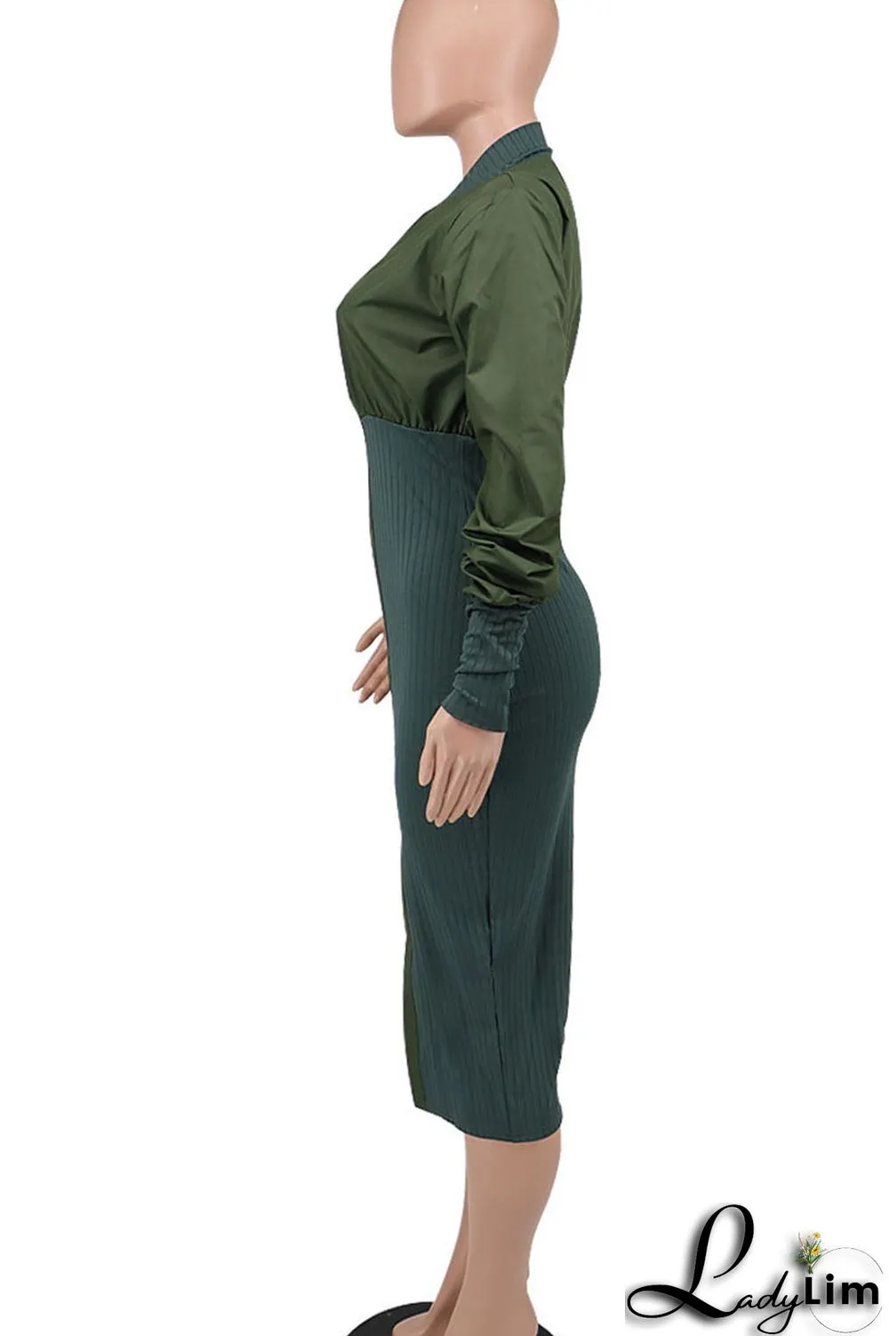Green Casual Street Solid Split Joint Fold Zipper Collar Dresses