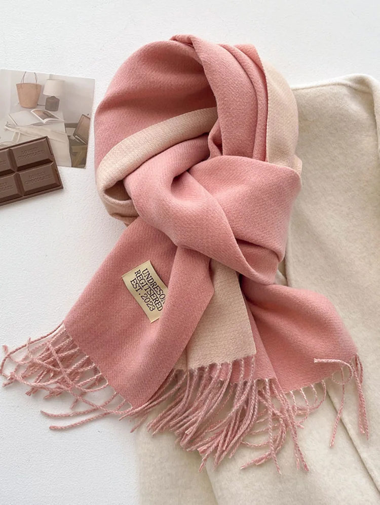 Daily Colorblock Knit Tassel Trim wool-Like Fabric Scarf