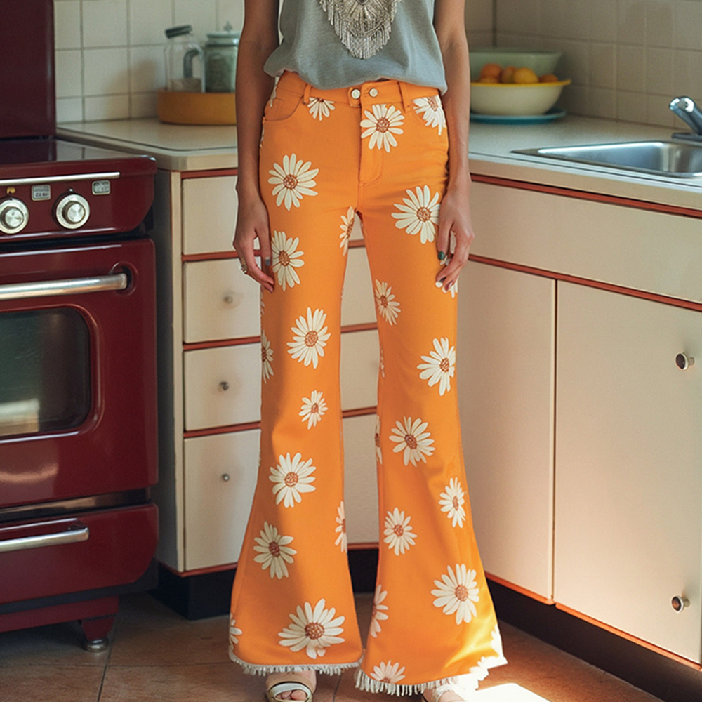 Western Retro Outdoor Floral Flared Pants Women's Casual Slim Fit Trousers