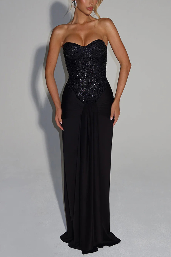 Carina Sequined and Satin Jersey Off Shoulder Ruched Knot Drape Maxi Dress mysite idetrend