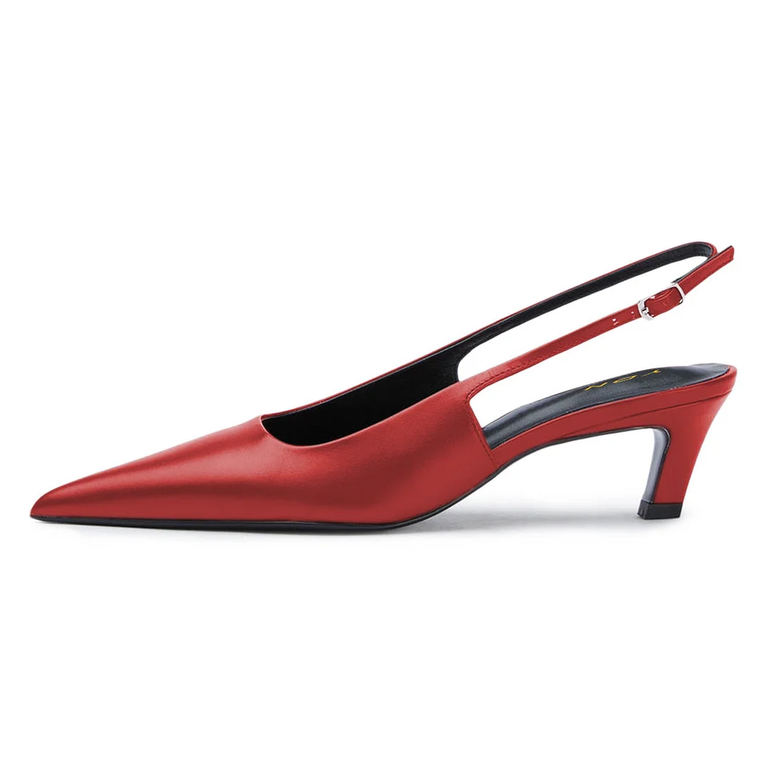 YDN Pointed Toe Slingback Red Kitten Heels with Buckle Strap