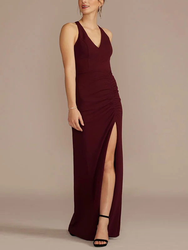 ruched crepe halter neck sheath with slit