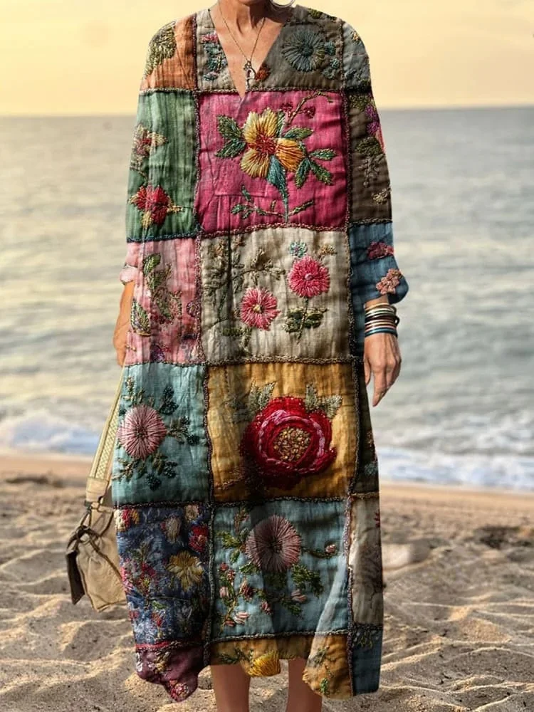 Women's Vintage Dark Patchwork Art Print Dress